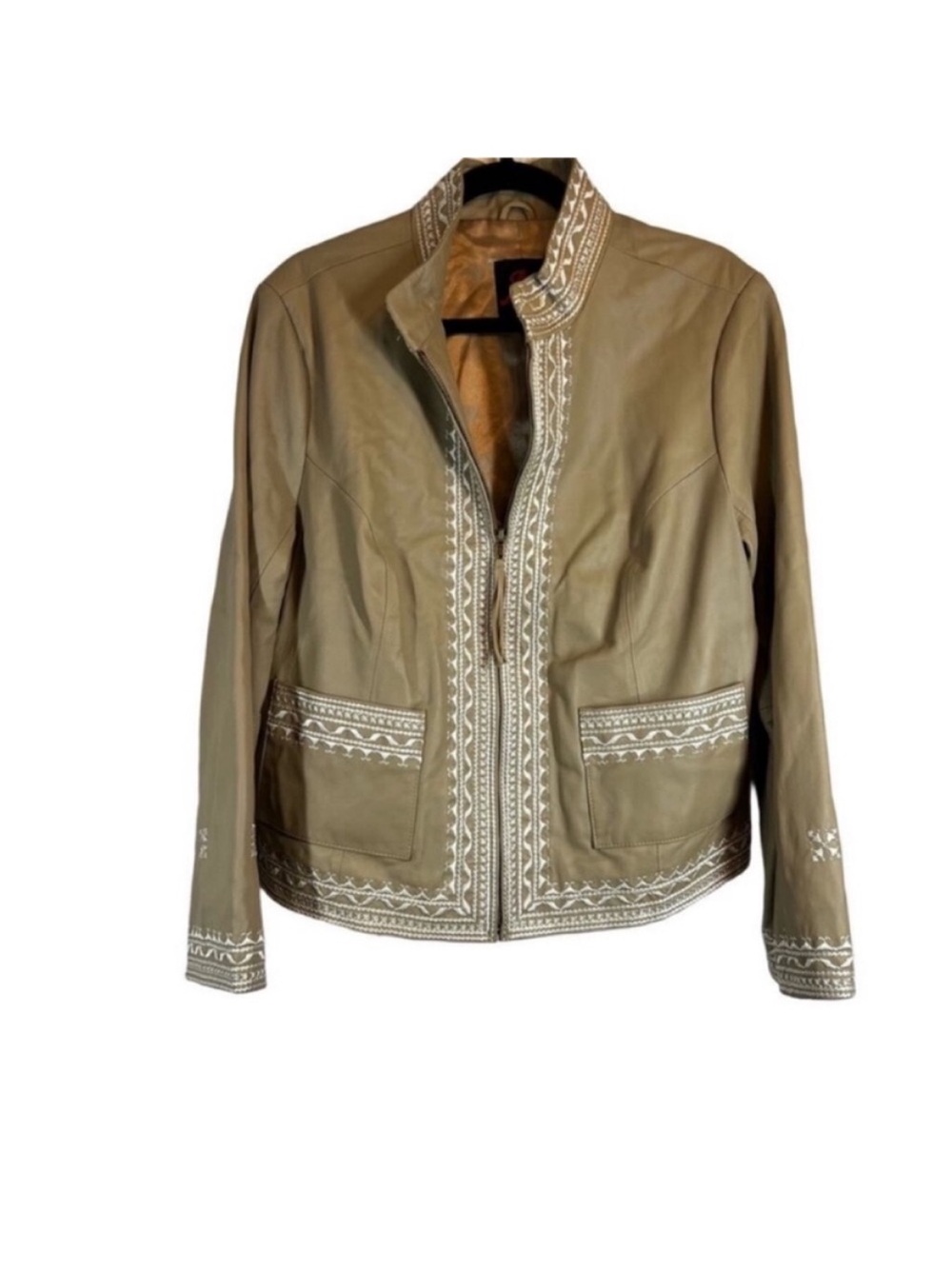 Adrienne Landau 100% Genuine Soft Leather embroidered Jacket Tan